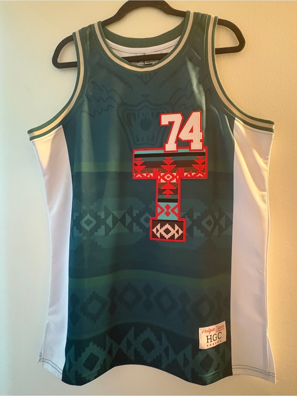 Headgear Classics TOSA Green Tribal Print Basketball Jersey with Red '74'